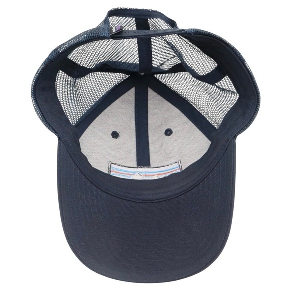 Patagonia Snapback Trucker Hat Navy Blue Cap Mesh Back Spell Out Mountain Patch - Picture 7 of 10